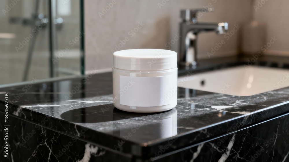 Fototapeta premium White cosmetic cream jar with blank label resting on a luxurious polished black marble vanity counter in a modern bathroom.