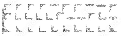 Set of simple black and white ornate corner elements providing classic decorative accents for formal invitations or elegant document borders.