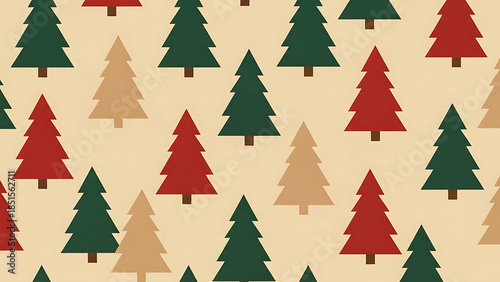 Seamless Retro Christmas Tree Pattern in Green, Red, and Gold on Beige Background
