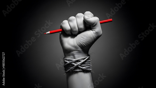 Conceptual Black and White Image of a Bound Fist Grasping a Red Pencil as a Symbol of Freedom of Speech