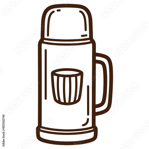 Brown outline illustration of a thermos bottle with a cup isolated on a white background