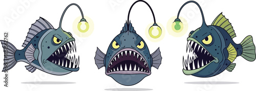 Three anglerfish with glowing lures sharp teeth and open mouths on transparent background