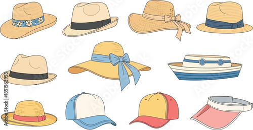 Variety of colorful summer hats and caps on transparent background