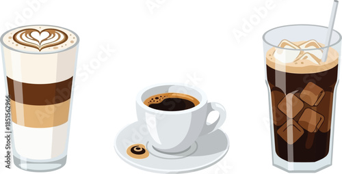 Three coffee drinks latte black coffee and iced coffee on transparent background