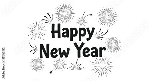 Festive new year greeting with sparkling fireworks and celebratory text on a white background