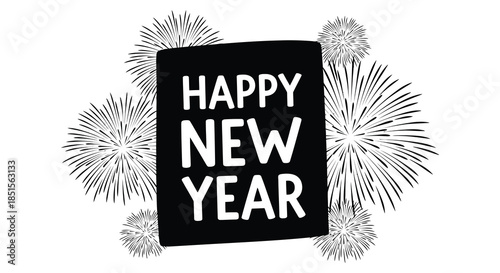 A festive black card displaying happy new year surrounded by sparkling firework illustrations