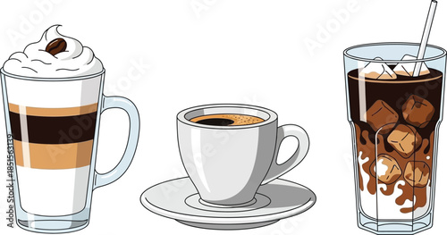 Three illustrated coffee drinks with whipped cream espresso and iced coffee on transparent background
