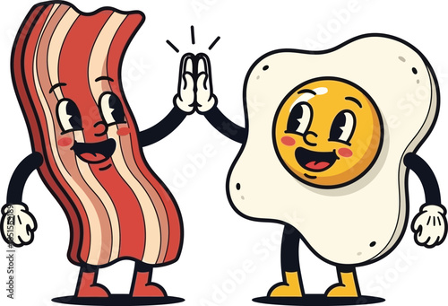 Cartoon bacon and fried egg characters giving a high five on transparent background