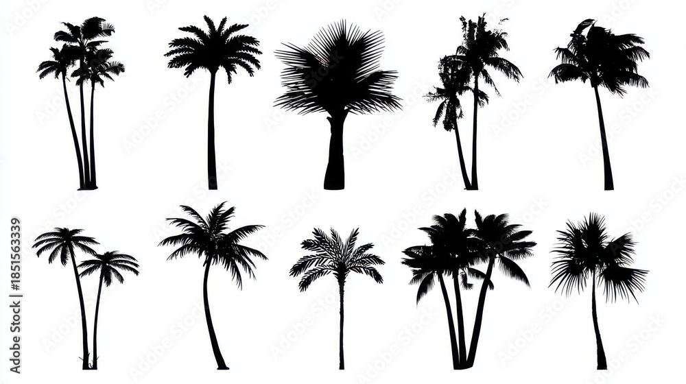Naklejka premium Silhouettes of twelve diverse palm trees arranged in three rows and four columns,