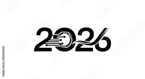 The year 2026 is creatively represented with integrated circuit lines forming the digits