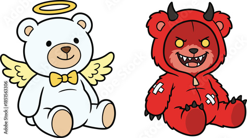 Cute white angel teddy bear and scary red devil bear character sitting together vector illustration isolated on white background