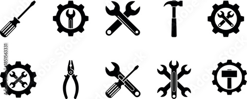 Black and White Vector Icons of Tools, Gears, and Mechanical Symbols for Maintenance, Repair, Construction, DIY, and Engineering Concepts