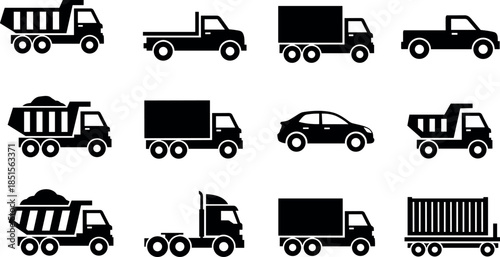Black Silhouette Icons of Trucks, Dump Trucks, Pickup, Sedan, Container Trailer – Commercial Utility Vehicle Vector Set for Transport Themes