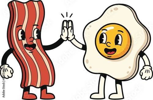 Smiling bacon and fried egg characters giving a high five on transparent background