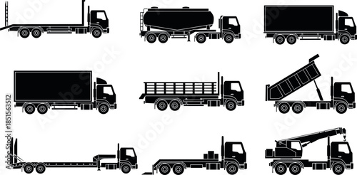 Black Silhouette Vector Set of Industrial Trucks for Construction, Transport, Logistics, Heavy Equipment, Cargo, Machinery, and Utility Services