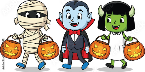 Cute cartoon kids wearing Halloween costumes including mummy vampire and monster holding pumpkin buckets for trick or treat vector illustration