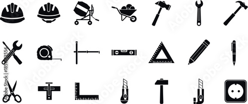 Construction and drafting tool icons set including helmet, hammer, wrench, ruler, cutter, mixer, caliper, socket, and more