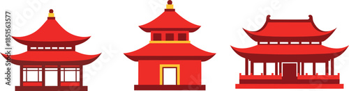 Vibrant illustrations of traditional Chinese architecture celebrating Chinese New Year and the Lunar cycle in a festive environment