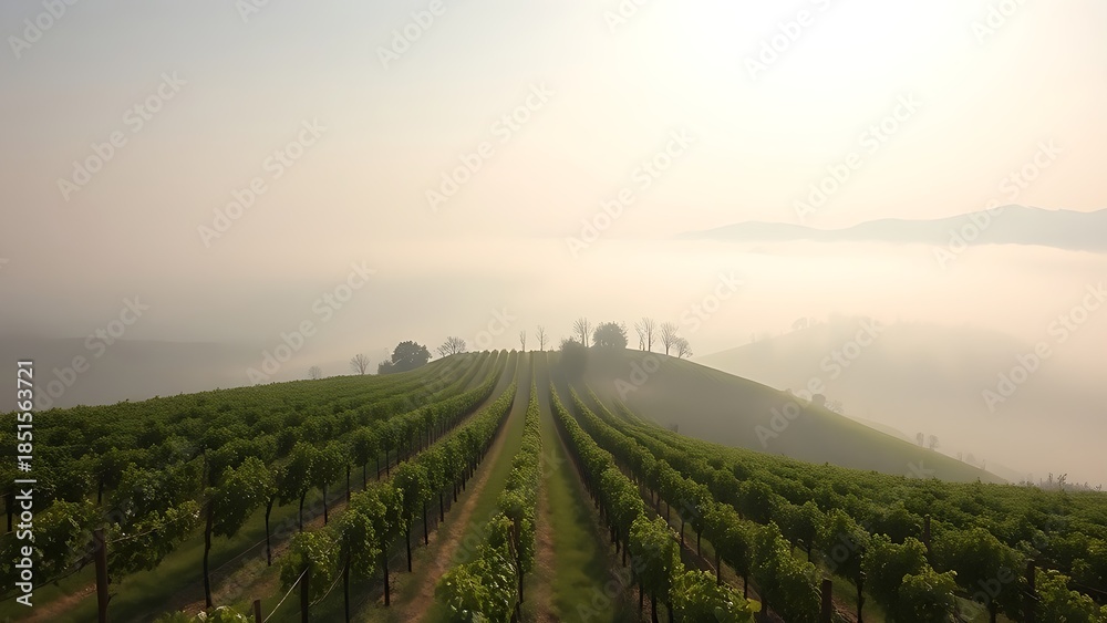 Fototapeta premium passphrase. Nebbiolo grape vineyard on Piedmont hillside with morning fog and rolling hills. travel magazines, destination branding, designed for outdoor magazines and nature guides.