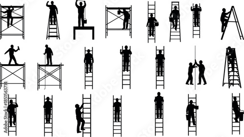 Construction workers using ladders and scaffolding in various positions and safety postures on elevated platforms for industrial occupational tasks