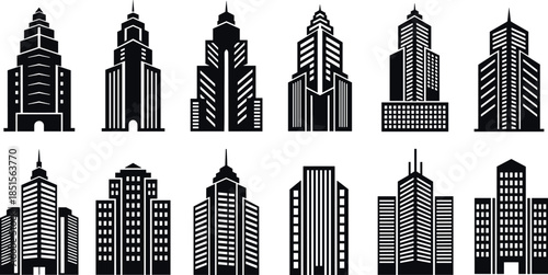 Modern black and white skyscraper icons set featuring diverse high-rise architecture styles for urban design, construction, and city planning concepts.