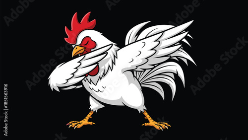 Funny cartoon white rooster chicken character performing the popular dab dance move vector illustration isolated on black background