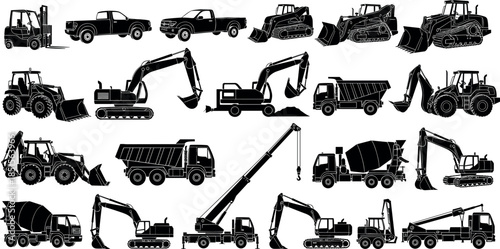 Silhouettes of Construction and Industrial Vehicles Including Cranes, Excavators, Bulldozers, Dump Trucks, Forklifts, Tractors, Cement Mixers, and More