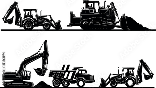 Silhouette set of construction vehicles including excavator, bulldozer, dump truck, backhoe loader, and front loader for industrial use