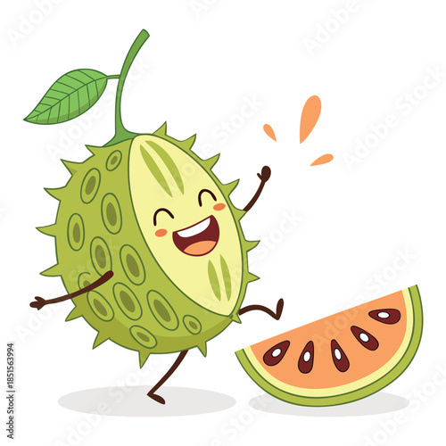 A cheerful cartoon durian-like fruit character happily stands next to a vibrant fruit slice