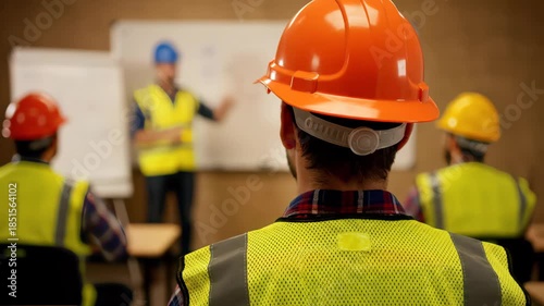 Rear view of construction workers in safety vests and hard hats attending an occupational training session, concept for construction safety, workplace education and team building