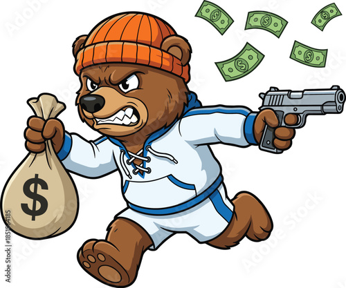Angry cartoon bear bank robber character running away with stolen money bag and handgun vector illustration isolated on white background