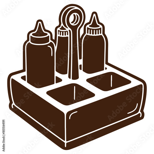 Condiment caddy with ketchup mustard and mayonnaise bottles isolated on transparent background
