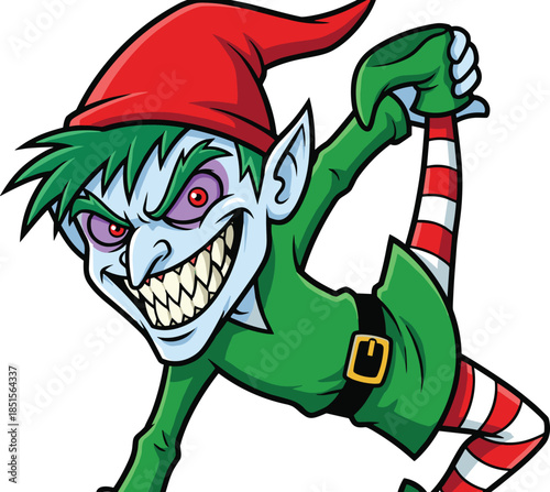 Scary evil Christmas elf character with sharp teeth and red eyes stretching leg in yoga pose vector illustration isolated
