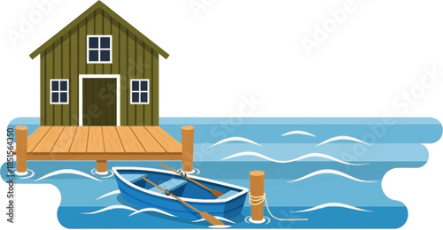 Charming green cabin on a dock with a boat on transparent background