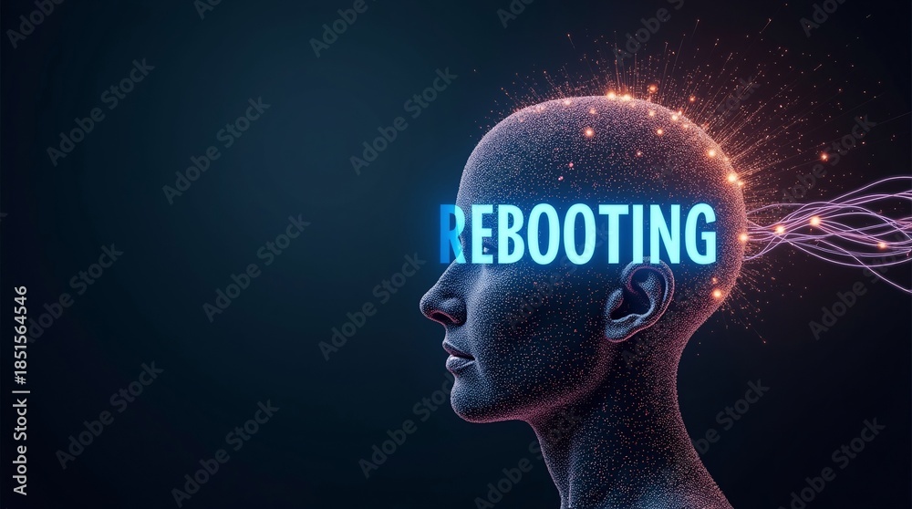 Obraz premium A conceptual image of a human head, with the word 'REBOOTING' prominently displayed, symbolizing renewal and transformation.