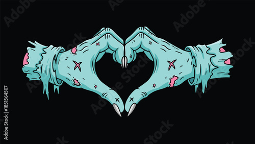 Creepy blue zombie hands forming a heart shape symbol for Halloween and spooky romance vector illustration on black background