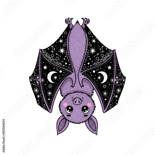 Cute purple bat hanging upside down with celestial wings