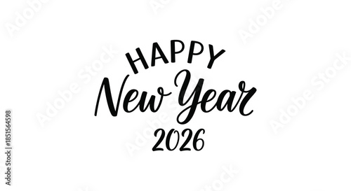 A stylish black and white handwritten happy new year 2026 text design on a white background