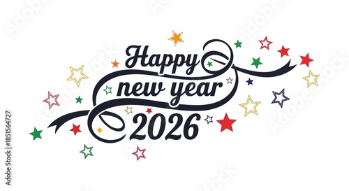Festive new year design featuring swirling ribbons colorful stars and the year 2026