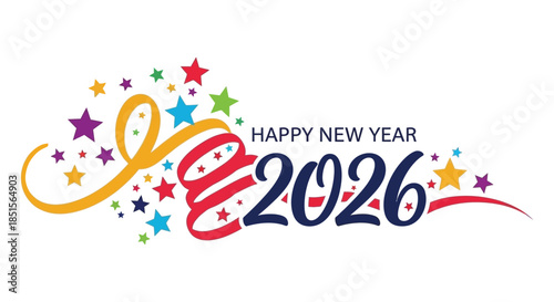 Colorful celebration graphic displays happy new year with stars and the year 2026