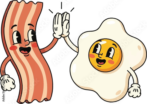 Cartoon bacon and fried egg giving a high five on transparent background