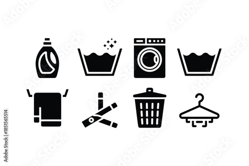 Collection of laundry related icons in black and white