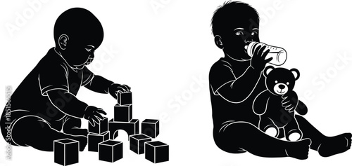Two adorable baby silhouettes playing with blocks and a bottle on transparent background