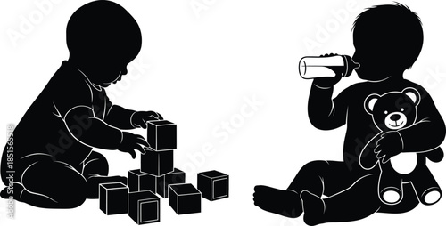 Two babies interacting with toys one feeding the other on transparent background