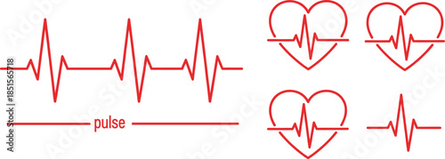 Heartbeat and Pulse Icons Featuring ECG Lines, Heart Shapes, Medical Monitoring, Cardiovascular Health, Fitness Tracking, Vital Signs, and Wellness Symbols