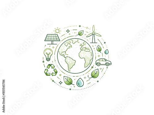Minimal green planet icon system using dots, lines and sustainable