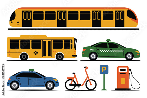 A collection of transportation options, including a train, bus, cars, and bicycle.