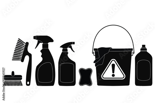 Cleaning supplies including spray bottles, brushes, a sponge, and a bucket with a warning sign.