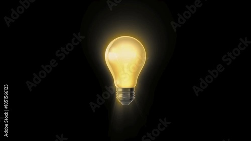 An incandescent light bulb glows warmly against a deep black background, subtle glow nuance details!