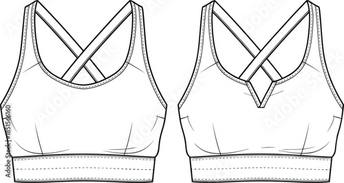 Technical flat vector illustration CAD drawing professional women's athletic running sports bra design cross-back straps gym activewear equipment fitness template, cad drawing flat vector illustration